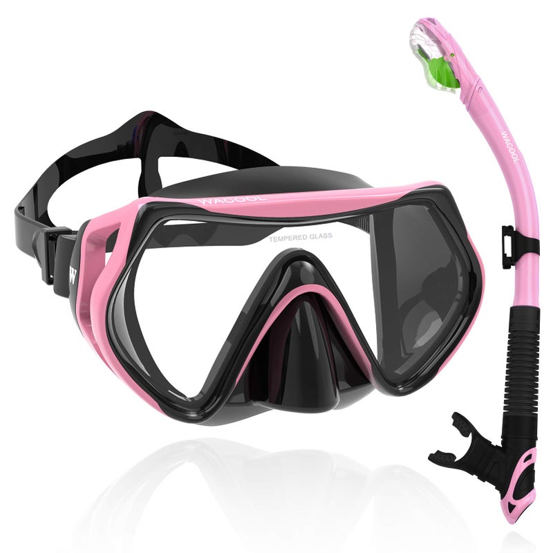 WACOOL Professional Snorkeling Snorkel Diving Scuba Package Set with Anti-Fog Coated Glass Purge Valve and Anti-Splash Silicon Mouth Piece for Men Women (Adults,Pink) - Image 1